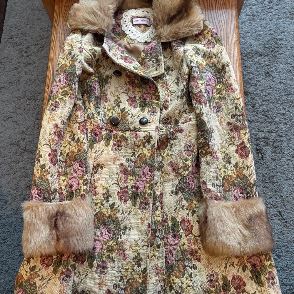 Miss Tina Floral Fur-Trimmed Trench Coat